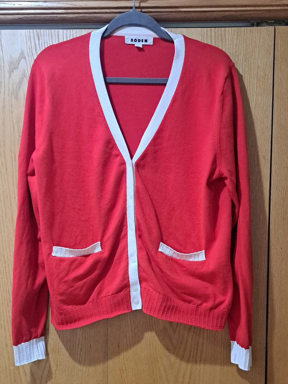 Boden Red And Ivory Emilia Cotton V-neck Cardigan